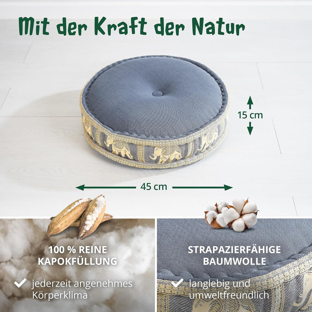 livasia Meditationskissen mit Thaiseide - Ø 45x15cm - Yogakissen mit Kapok, Pouf, Bodenkissen für Yo