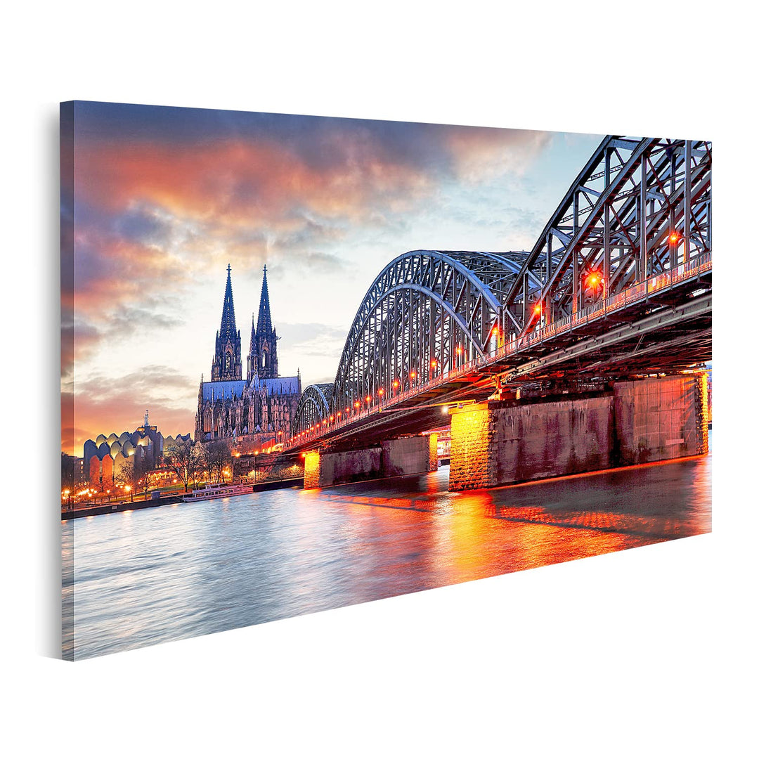 islandburner Bild auf Leinwand Kölner Dom Hohenzollern Brücke Sonnenuntergang Nacht Bilder Wandbilde