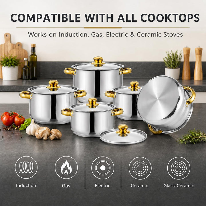 Topfset Edelstahl 10-teilig für Induktion, Kochtopf Set mit Glasdeckel, 5 Kochtöpfe von 18 bis 26 cm