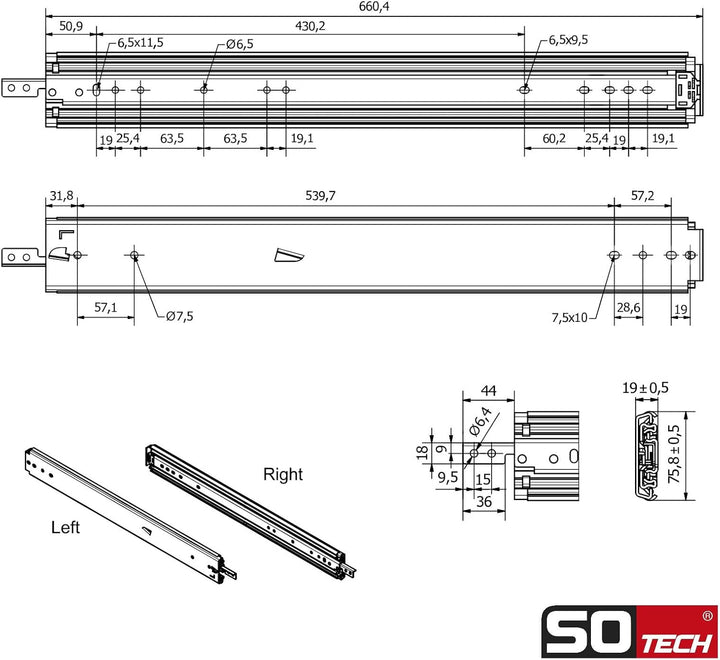 1 Paar SOTECH Schwerlastauszüge VarioSlide KV2-200-H76-L650-EH 660,4 mm mit Lock-in/out Einrastfunkt