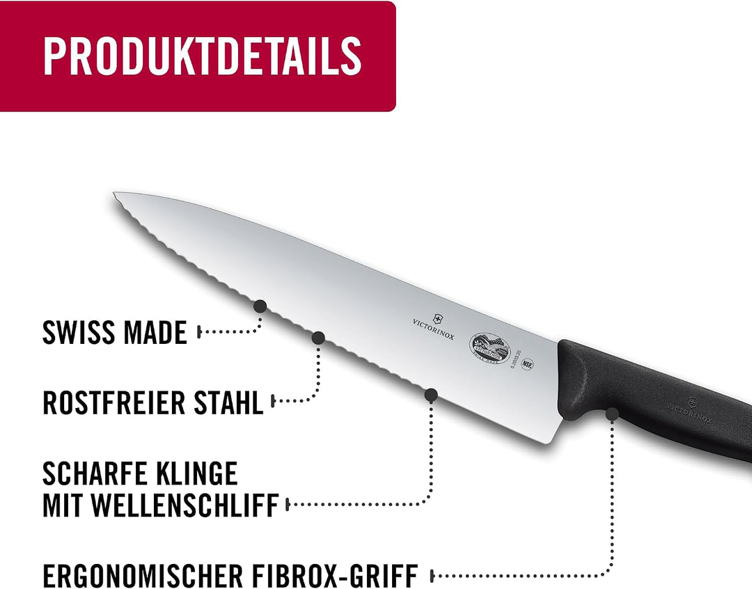 Victorinox Fibrox Kochmesser mit Wellenschliff, Breites Universalmesser für Fleisch, Fisch und Gemüs