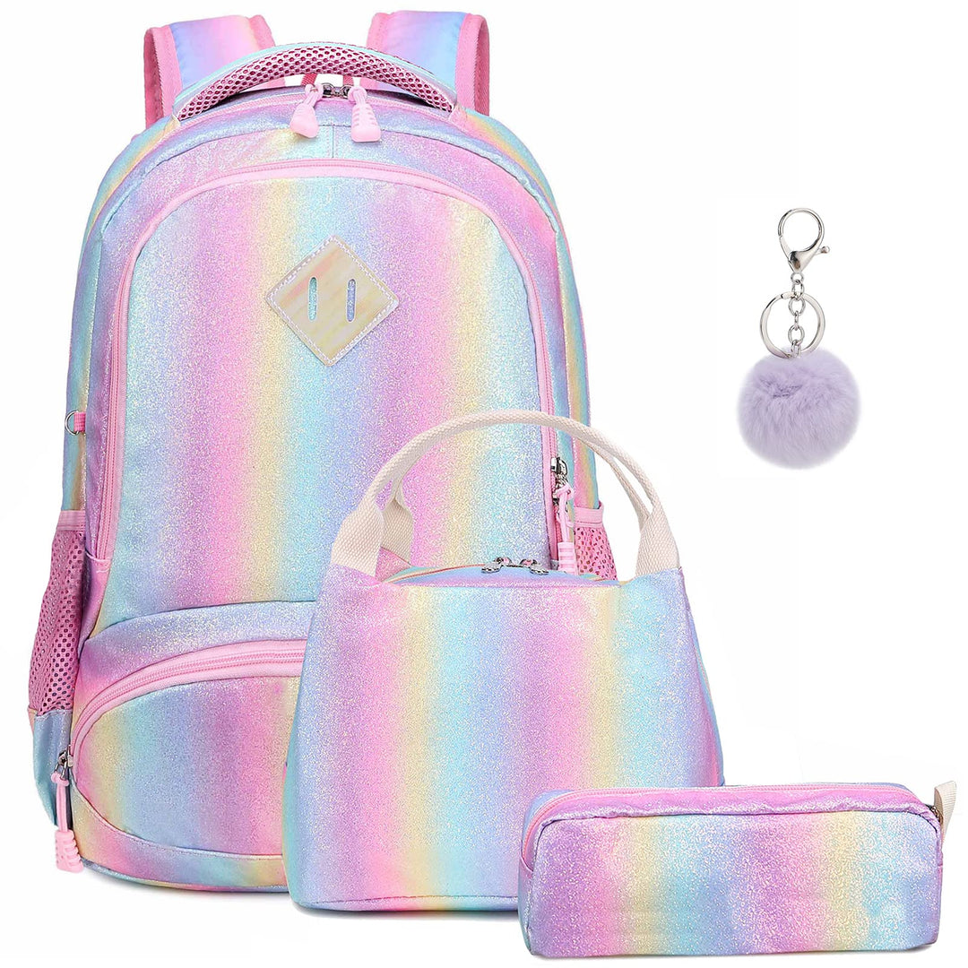 A AM SeaBlue Mädchen Schulrucksack Regenbogen Rucksack Glitzer Teenager Schultaschen Set Bunte Schul
