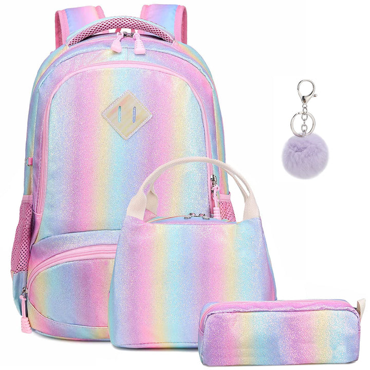 A AM SeaBlue Mädchen Schulrucksack Regenbogen Rucksack Glitzer Teenager Schultaschen Set Bunte Schul