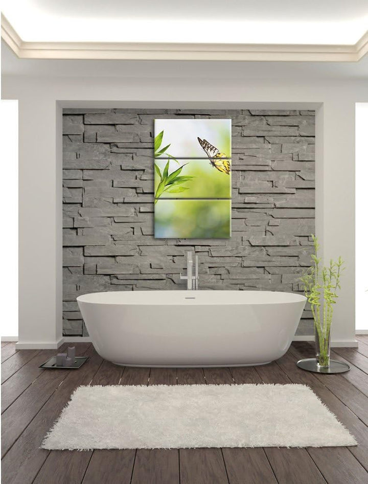 Pixxprint Bambus mit Schmetterling 3-Teiler Leinwandbild 120x80 Bild auf Leinwand