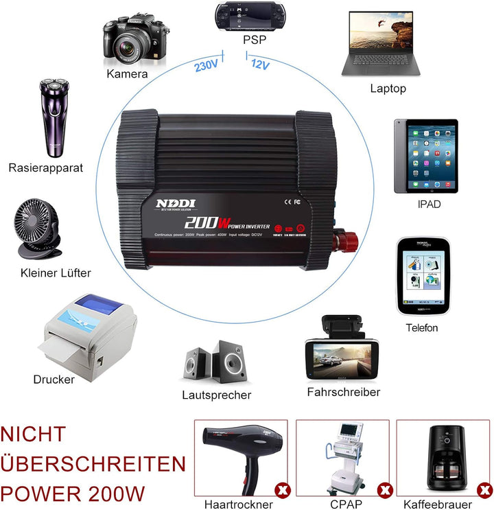 NDDI 200W Car Wechselrichter, 12V DC auf 230V AC Spannungswandler mit Dual USB Autoladegerät und 1 A