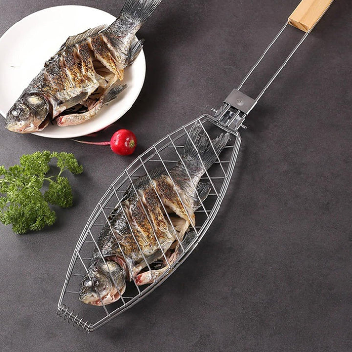 Fisch Grillhalter mit Holzgriff 3er, 63x12cm Grosse Fischbräter Fischgriller mit Griff aus Metall, G