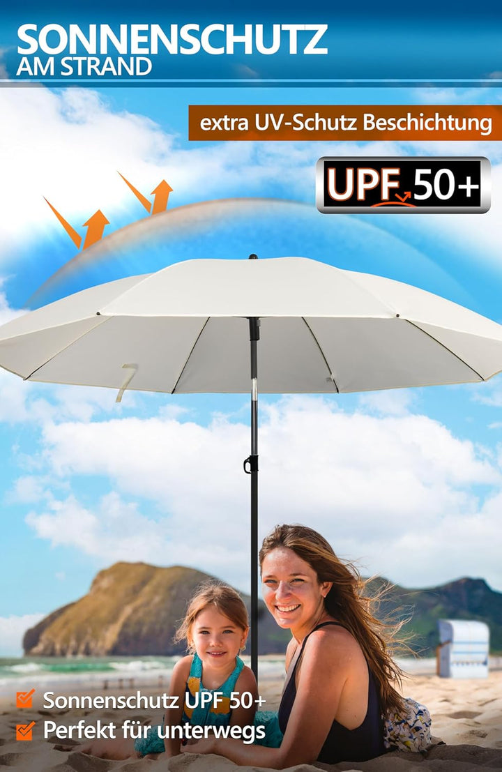 4smile Sonnenschirm Strand SunnyJoy, 3-in-1 SET, Beige - UPF 50+ Strandschirm Ø 160 cm + Sonnenschir