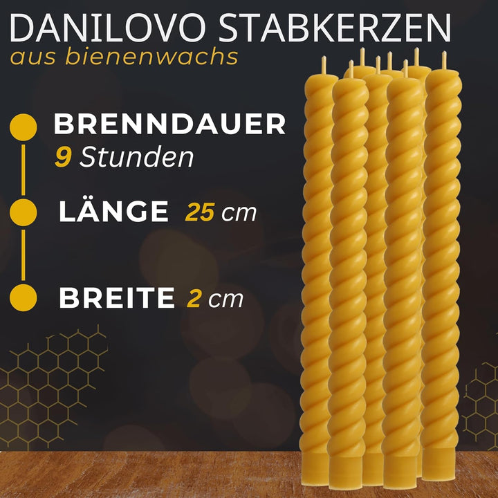 Danilovo Stabkerzen Bienenwachskerzen 8 Stück – Natürliche, Nachhaltige, Lang Brennende Bienenwachsk