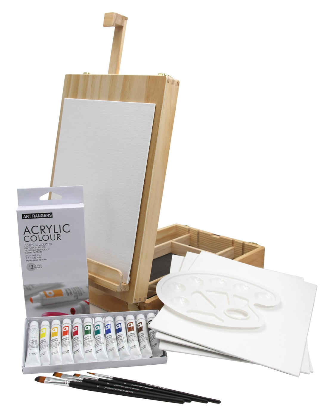 Paintersisters XL-TISCHSTAFFELEI + MALSET „Riva“ 35-teilig mit Acrylfarben, Pinselset + 2X Keilrahme