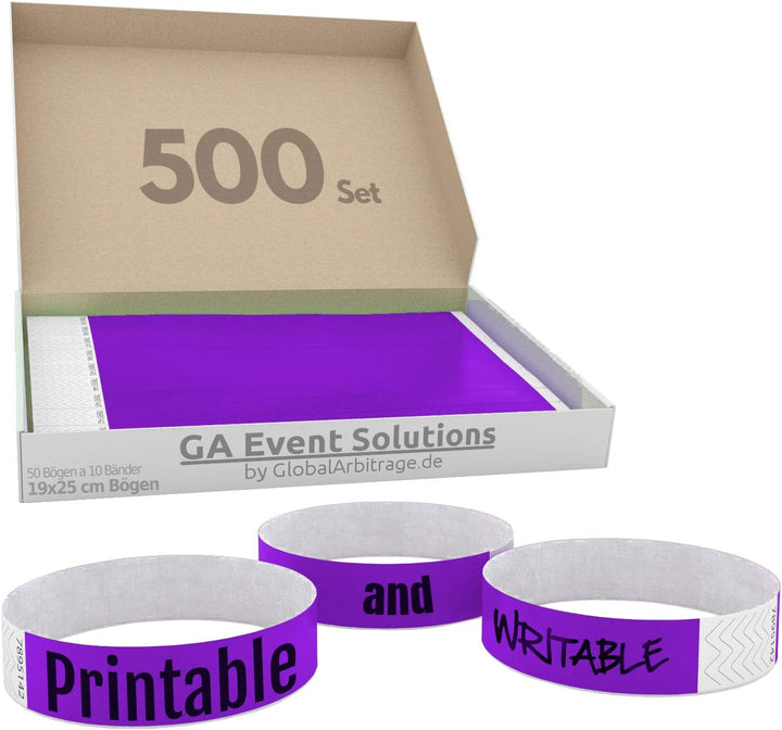 500 Eintrittsbänder aus Tyvek zum selbst gestalten und bedrucken in Lila von GA Event Solutions - Pa