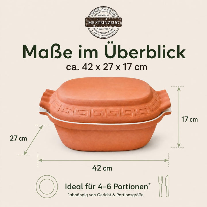 TerraStone Bräter oval mit Deckel, 42x27x17 cm, Terrakotta | Natürlicher Tonbräter für saftige Schmo
