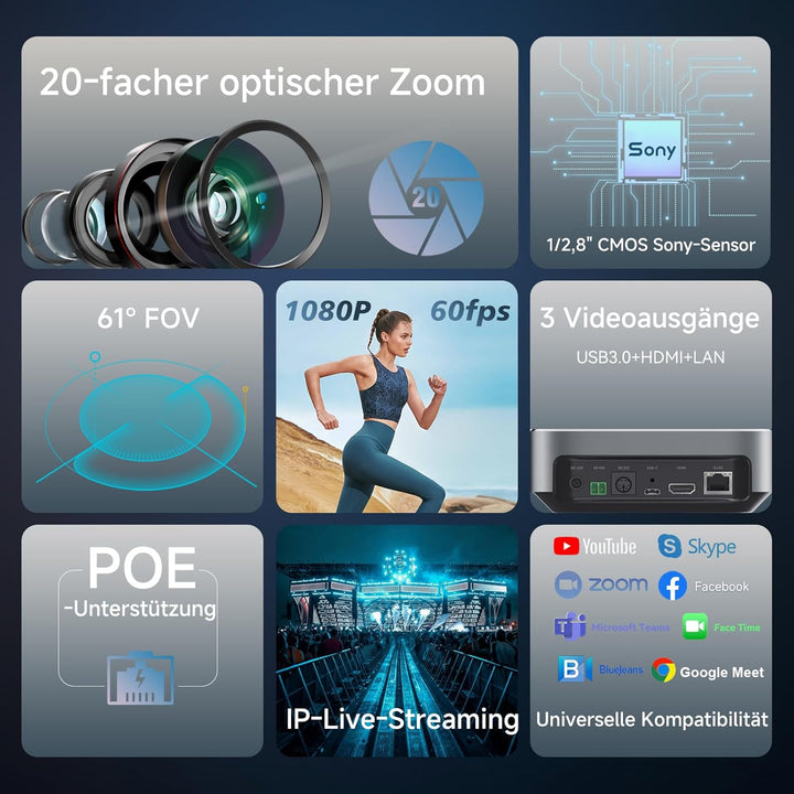 PTZ-Kamera mit 20-Fach optischem Zoom,TONVEO USB HDMI LAN IP Live-Streaming-Kamera,1080P 60fps Video