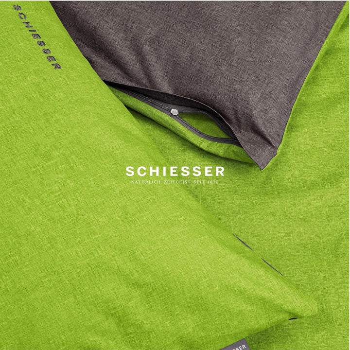 Schiesser Wendebettwäsche Doubleface Grün-Anthrazit, 100% Baumwolle, Grösse:135 x 200 cm + 80 x 80 c