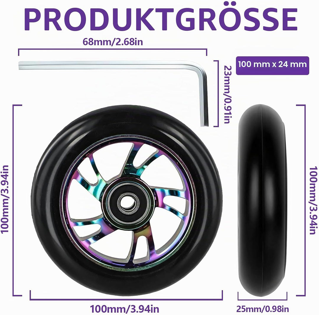 2 Stück 100mm Scooter Ersatzräder, Pro Rollen 100x24mm mit ABEC-9 Lagern, Aluminiumkern Neo Räder, k