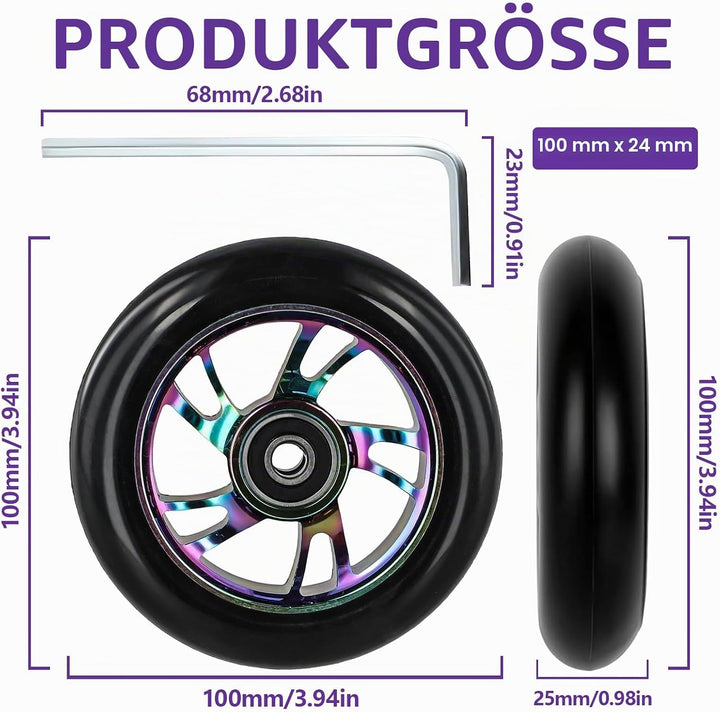 2 Stück 100mm Scooter Ersatzräder, Pro Rollen 100x24mm mit ABEC-9 Lagern, Aluminiumkern Neo Räder, k