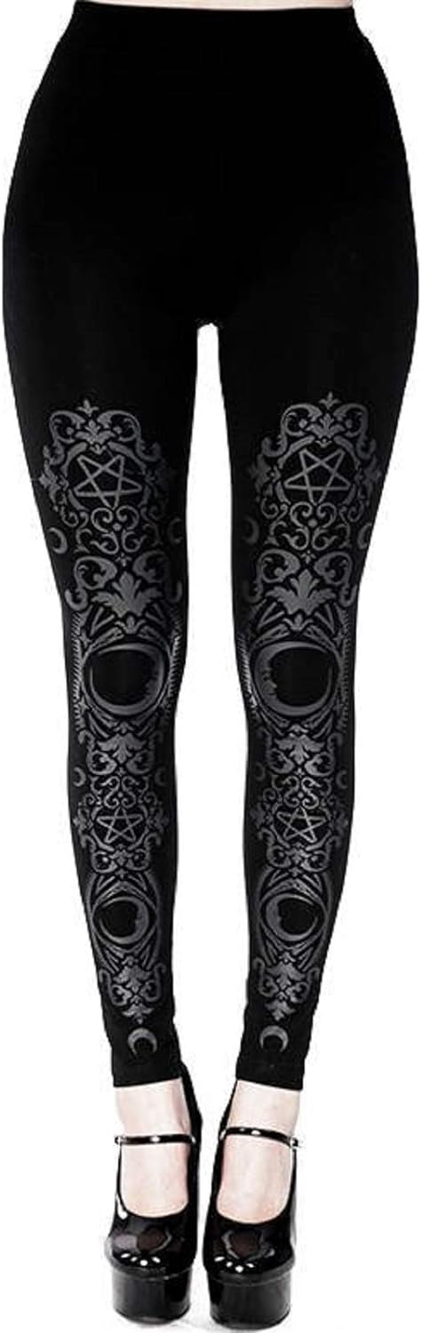 Wild Star Hearts Monogram Baroque Leggings Damen Schwarz Gothic Punk Leggins Hose mit Grau Druck (XX