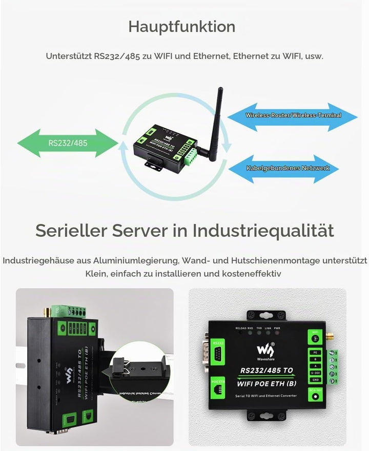 Waveshare RS232/485 to WiFi and RJ45 Ethernet Converter Module with POE Function, Industrial Grade S
