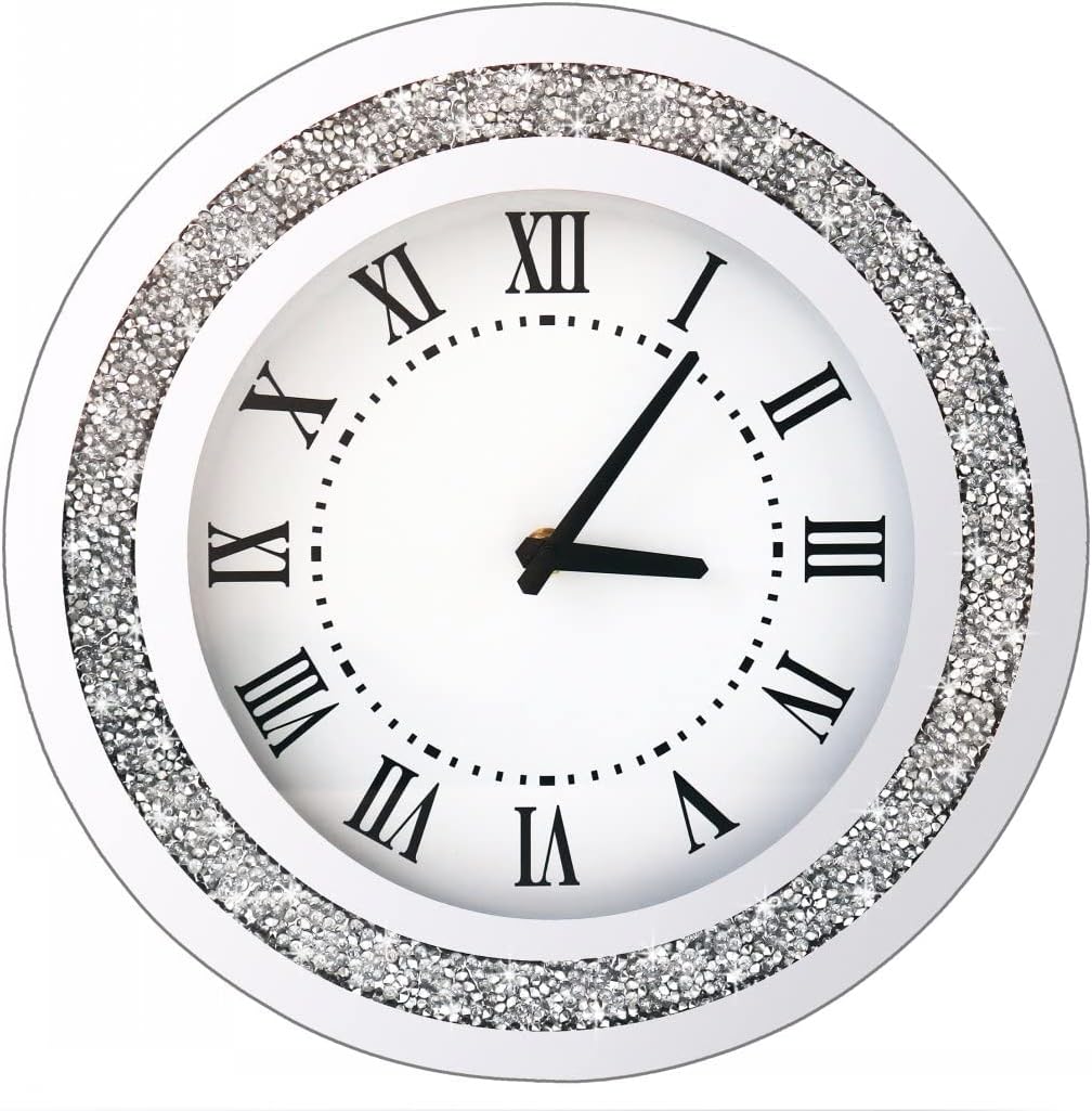 DMDFIRST Silberfarbener runder Spiegel, 30,5 cm, Kristallglitzer, glitzernd, Diamant-Spiegel-Wanduhr