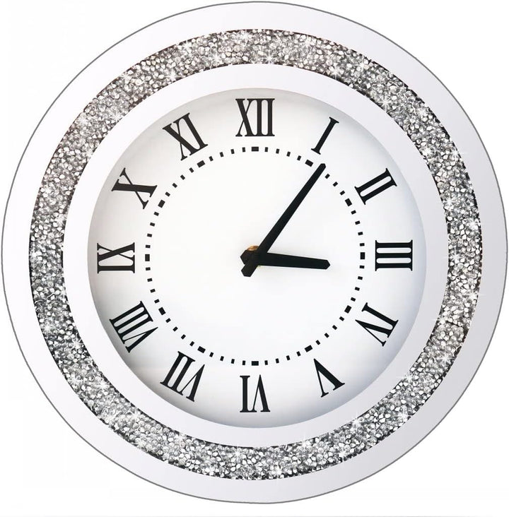 DMDFIRST Silberfarbener runder Spiegel, 30,5 cm, Kristallglitzer, glitzernd, Diamant-Spiegel-Wanduhr