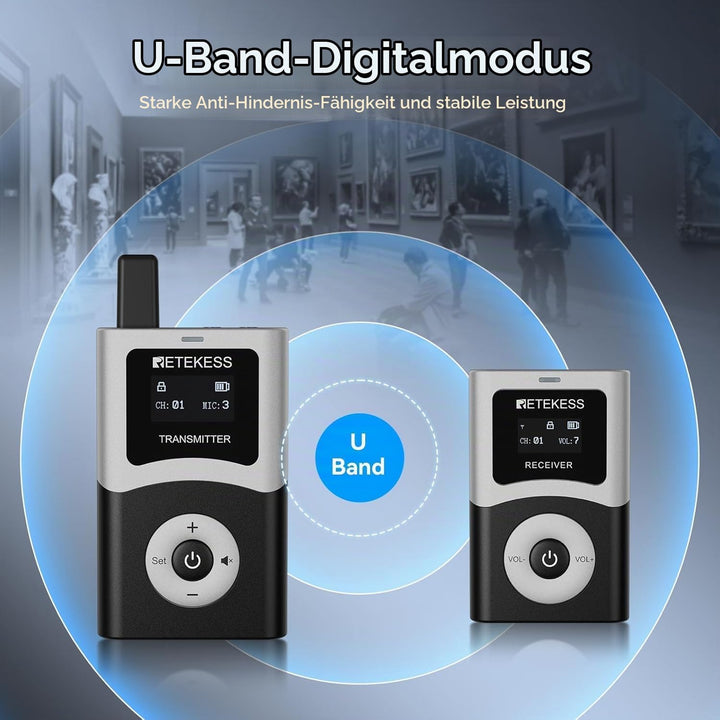 Retekess T130U (T130 4rd) Audio Tour Guide System, Kabelloses Reiseleiter-Set, 200m, U-Band-Modus mi