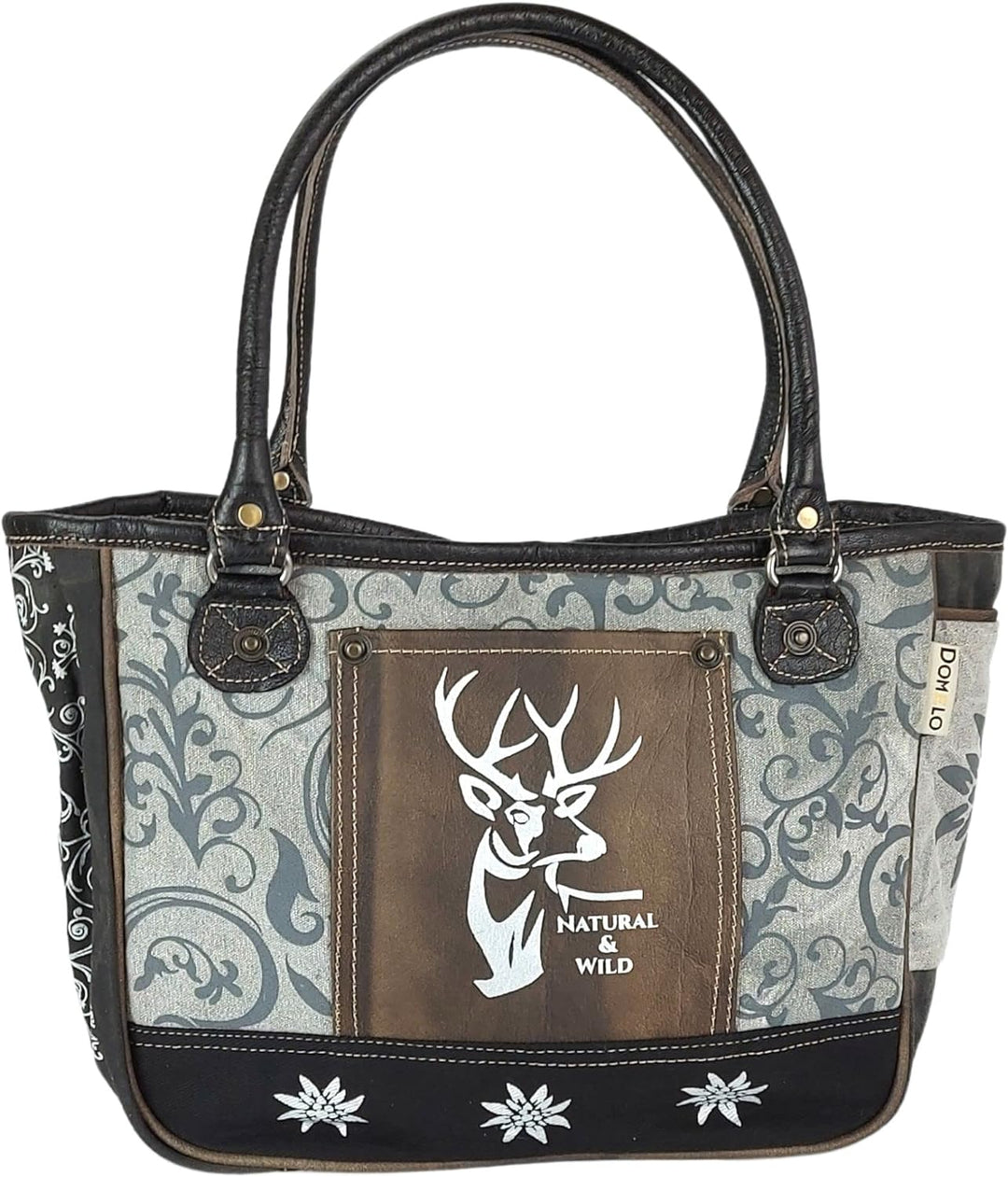 DOMELO Damen Trachtentasche. Dirndltasche aus Canvas & Leder. Trachten Handtasche mit Hirsch & Edelw