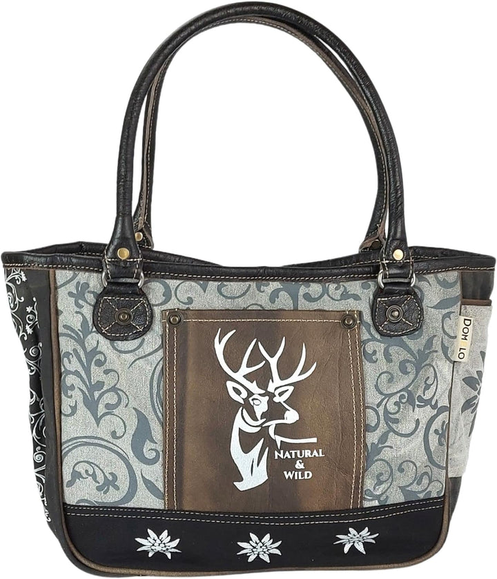 DOMELO Damen Trachtentasche. Dirndltasche aus Canvas & Leder. Trachten Handtasche mit Hirsch & Edelw