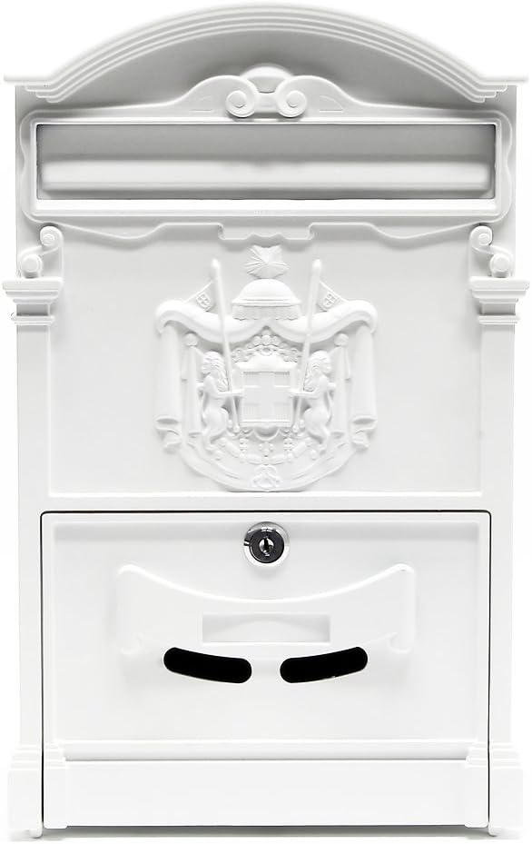 Wiltec Briefkasten Antik Design weiss 260 x 90 x 400 mm, Wandbriefkasten mit Schloss, Namensschild u