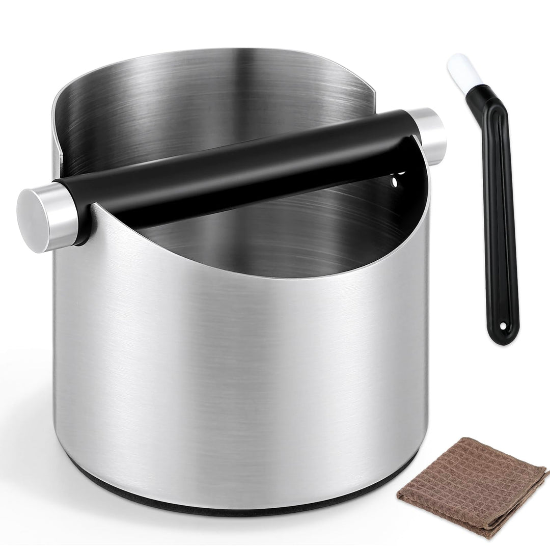 Kaffeeklopfbox mit Bürste, Kaffeesatzeimer aus Edelstahl – Kleine Espresso-Klopfbox, rutschfester Bo