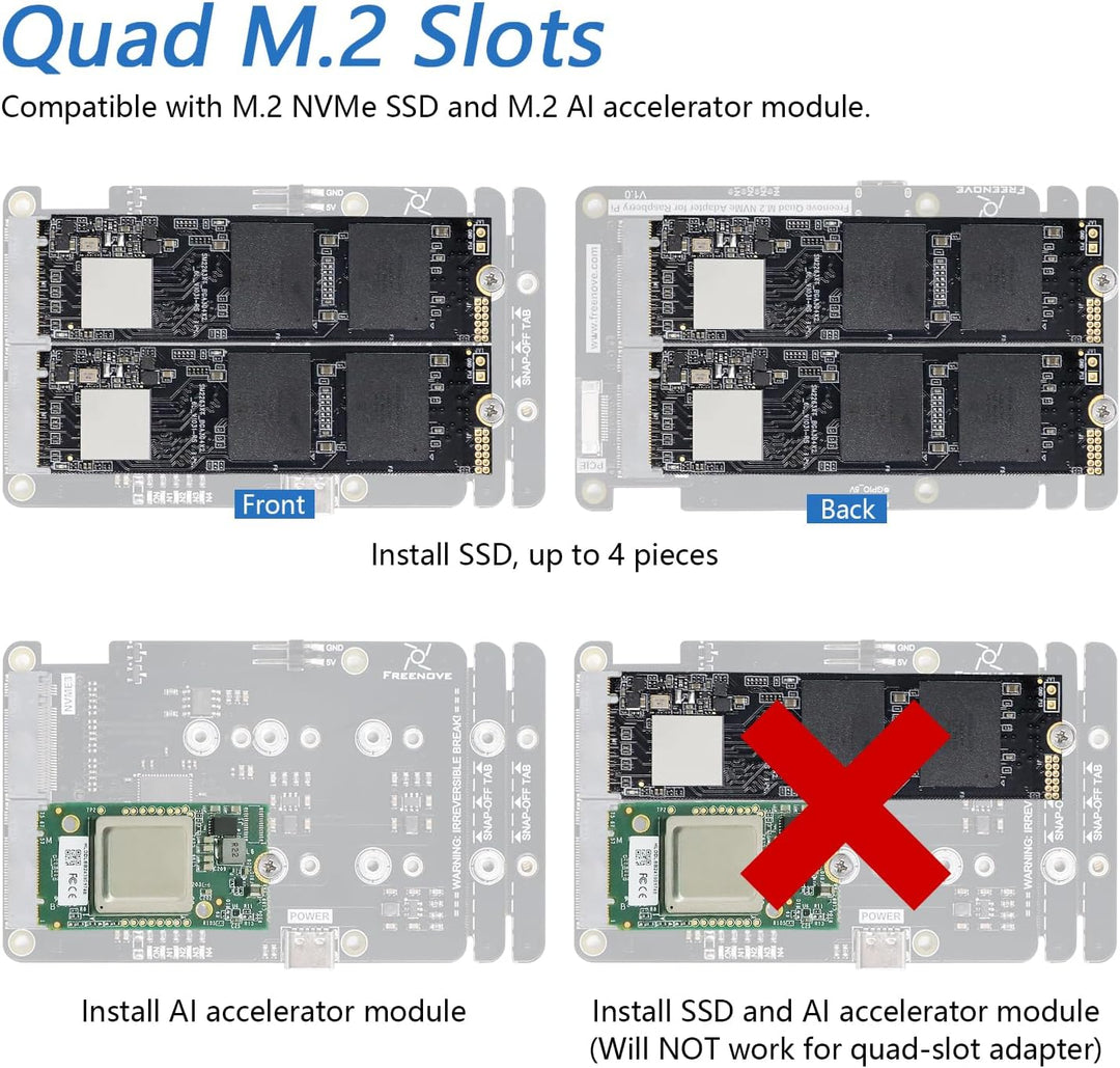 FREENOVE Quad M.2 NVMe SSD HAT for Raspberry Pi 5, M.2 Adapter AI HAT 4 Slots NAS RAID Kit, Solid St