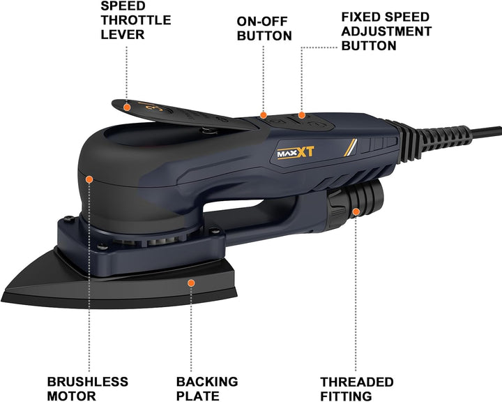 MAXXT Profi Bürstenloser 3mm Dreieck-Schleifer - 350W Starker EC Motor, Geschwindigkeitsregulierung,