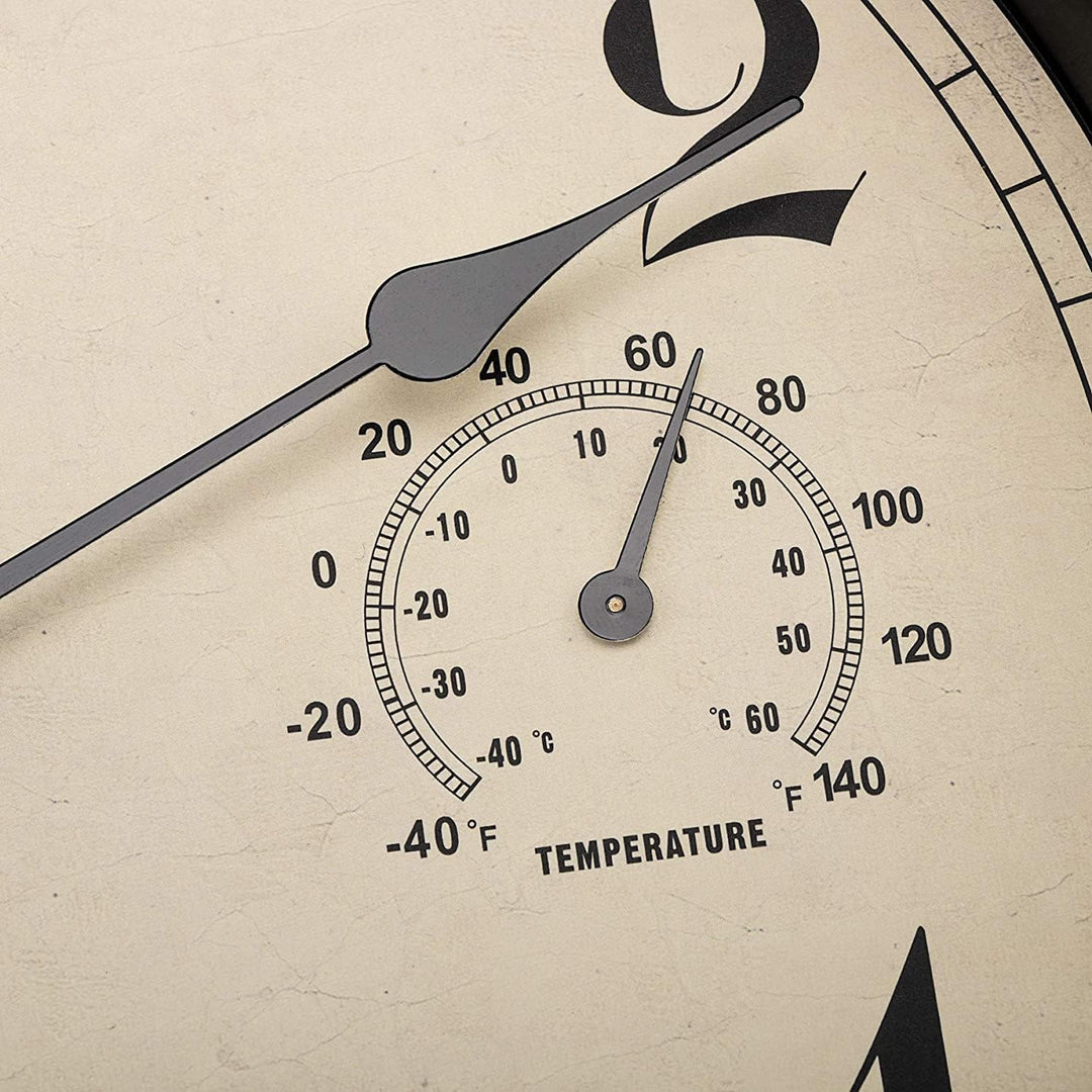 Foxtop Innen Draussen Wetterfeste Wanduhr mit Temperaturanzeige und Hygrometer, Ohne Tickgeräusche L
