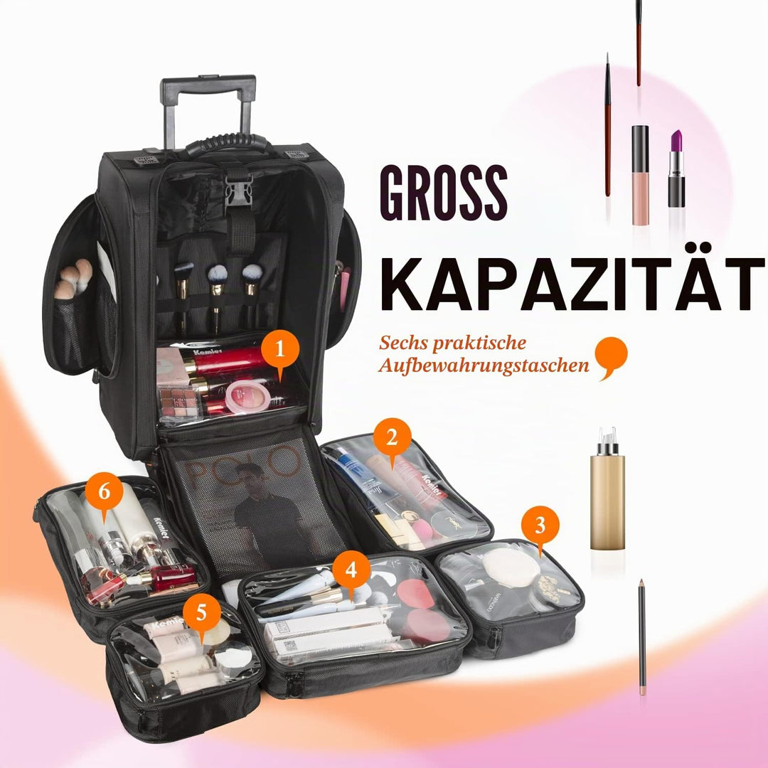 Kemier Make up Koffer, Weiche Zweiseitige Nylon Rollen Mobiler Kosmetik Organizer mit Tasche, Schwar