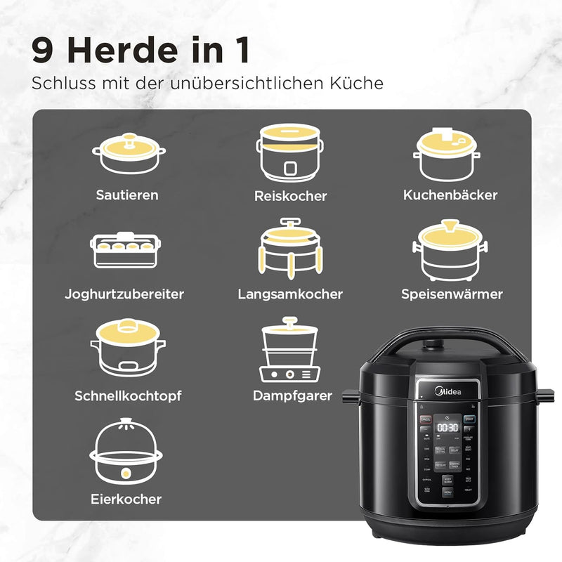 Midea Elektrischer Schnellkochtopf 9-in-1, 12 Voreinstellungen Instant-Multikocher Antihaft-Topf Jog