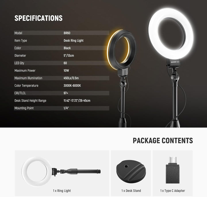 NEEWER Basics 5"/13cm Tisch Ringlicht mit Ständer, Telefonhalter Basis, 10W LED Selfie Licht kompati