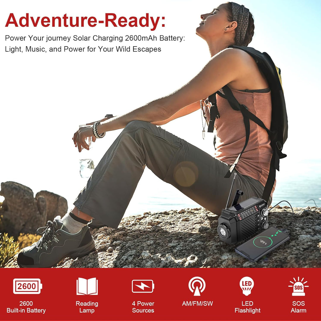 Kurbelradio Notfallradio mit 2600mAh Powerbank, Solar & USB-C Ladung, AM/FM/SW Weltempfänger, LED-Ta