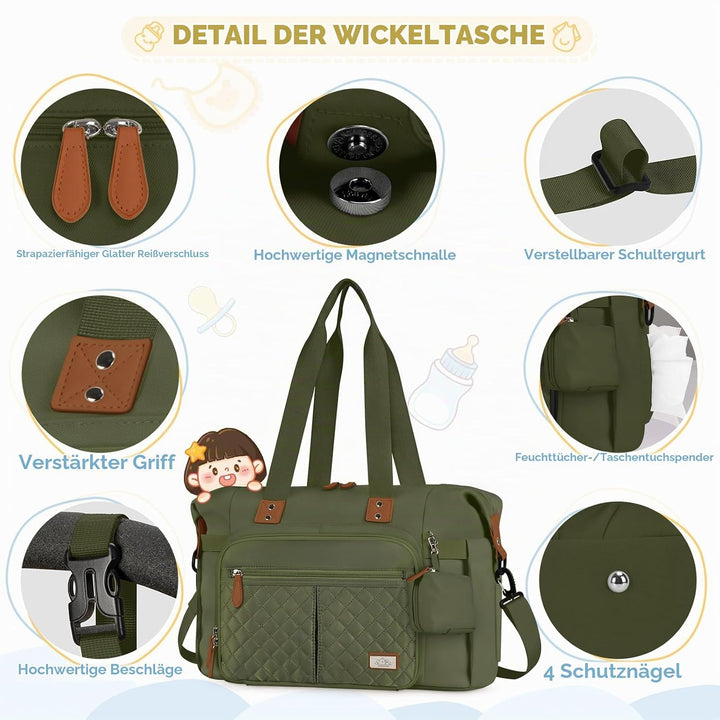 RAINSMORE Baby Wickeltasche Gross mit Schnullertasche und Wickelunterlage Multifunktions Babytasche