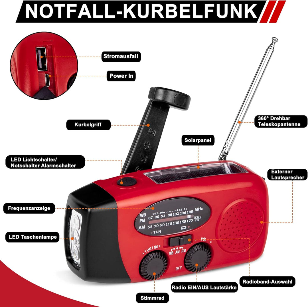 Solar-Energie-Notfall-Radio, NOAA Haus und Camping Notfall-Wetter-Radio mit AM/FM, Dynamo-Taschenlam