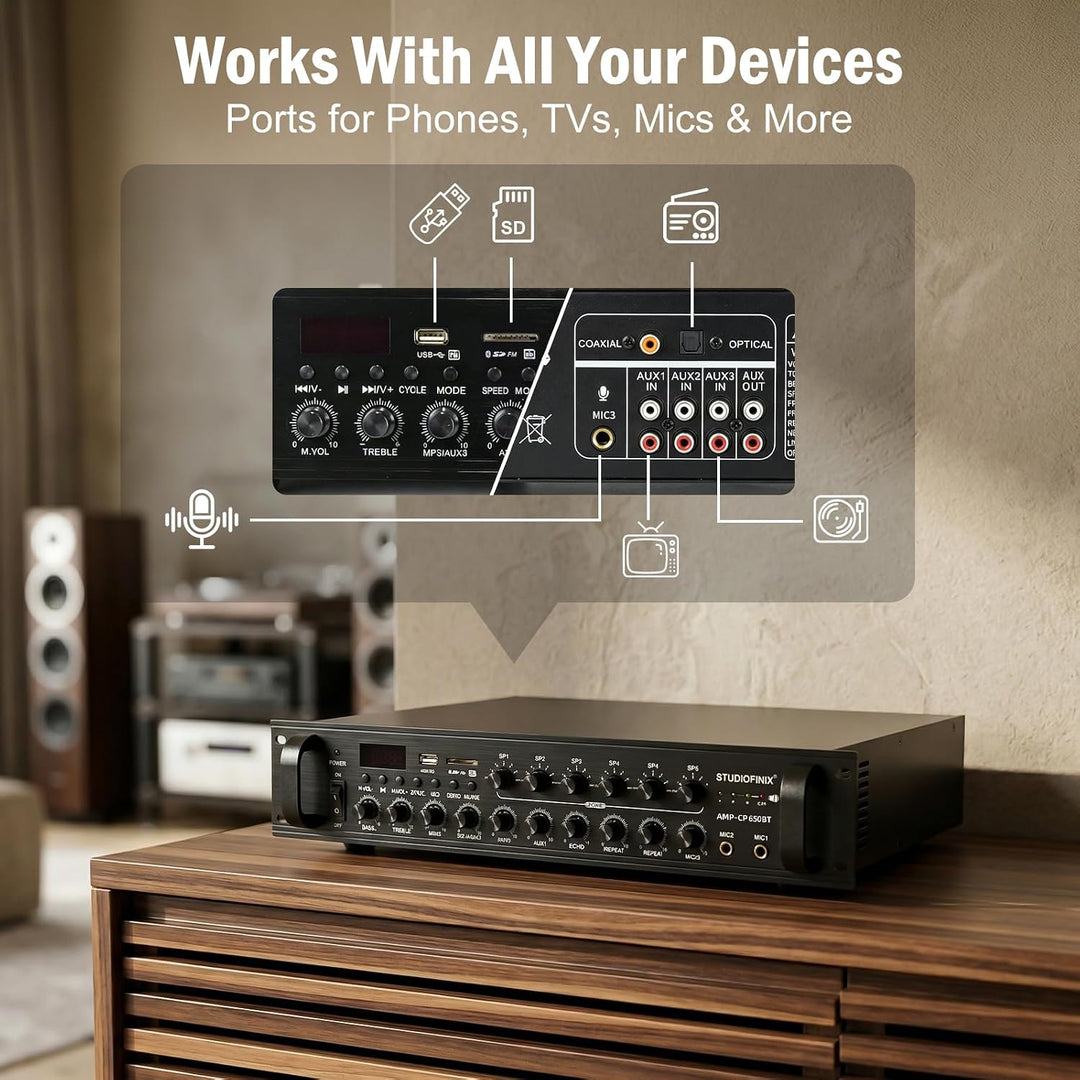 STUDIOFINIX Gewerblicher Bluetooth-Verstärker 650W 6 Zonen 70V, 2U Rack-Einbau, 3 Mikrofoneingänge m