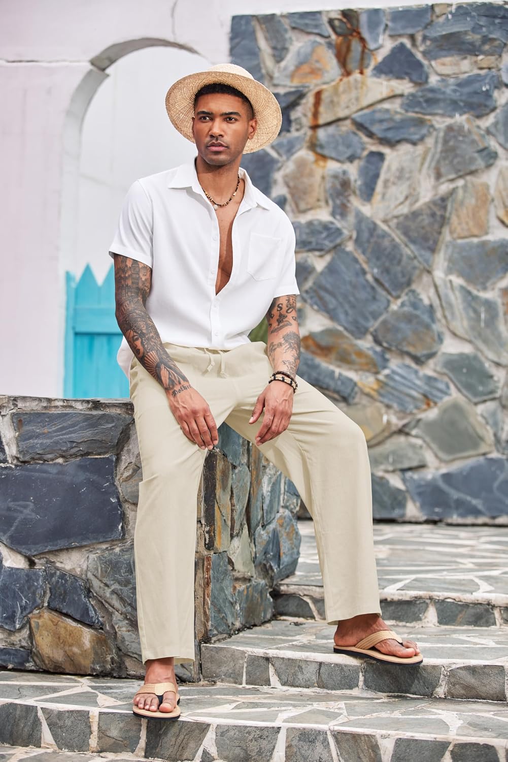 COOFANDY Leinenhose Herren mit Tunnelzug Herrenhose Leicht Sommerhose Freizeithose Einfarbig Leinen
