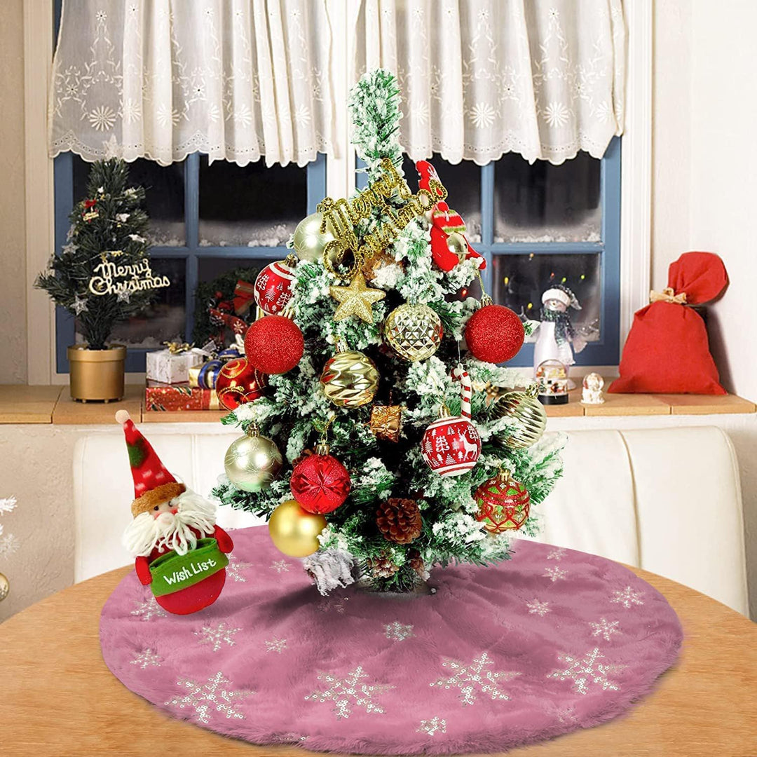 Weihnachtsbaum Decke Klein Rosa, 60cm Mini Tannenbaum Decke Kunstfell, Christbaumdecke mit silberner