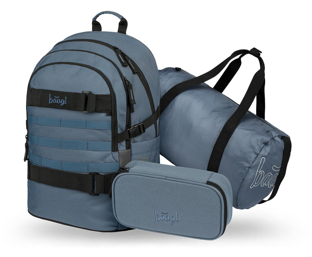Baagl Schulrucksack Set Jungen 3 Teilig (Skateboard Rucksack, Mäppchen, Sporttasche), Schultasche ab