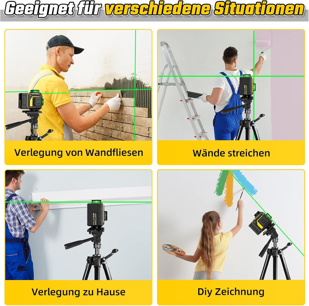 Kreuzlinienlaser mit Stativ, 4D 16 Linienlaser Grün Kreuzlaser 4x360° Laser Wasserwaage Kreuzlaser S