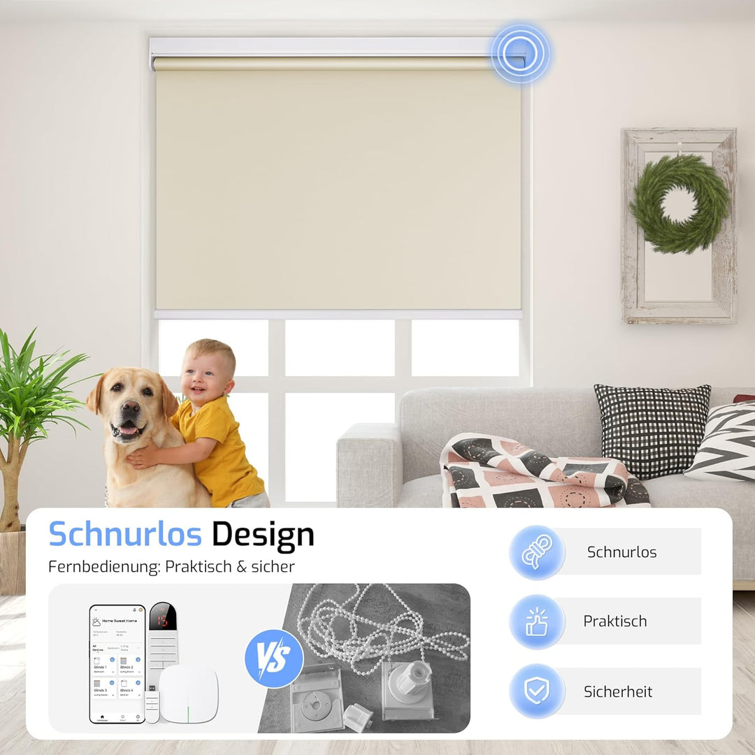 Grandekor Rollo Elektrisch 95x120cm Creme, Elektrisches Verdunklungsrollo Klemmfix ohne/mit Bohren,