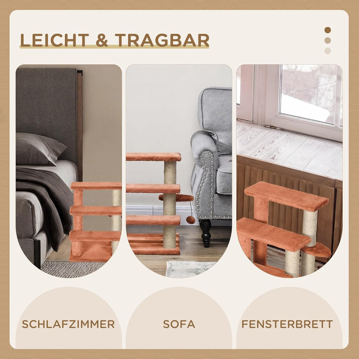 PawHut Katzentreppe 3 Stufen Tiertreppe Treppe für Katze mit Kratzsäulen Ball Haustiertreppe Hundetr