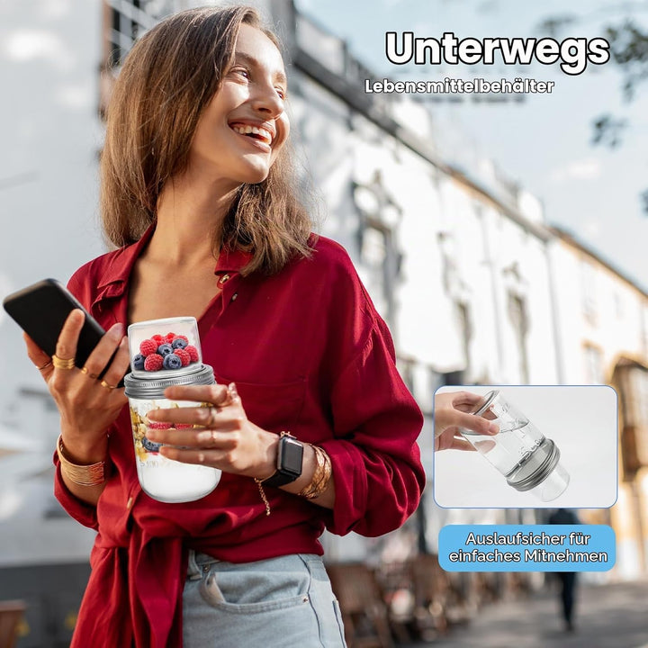4er Overnight Oats Gläser 400ml+100ml, Joghurtbecher to go mit Doppelschicht-Design und Edelstahlöff