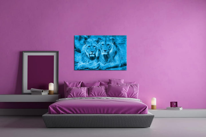 deyoli Atemberaubende Löwen Format 80x60 Effekt: Monocrome Blau als Leinwandbild, Motiv fertig gerah