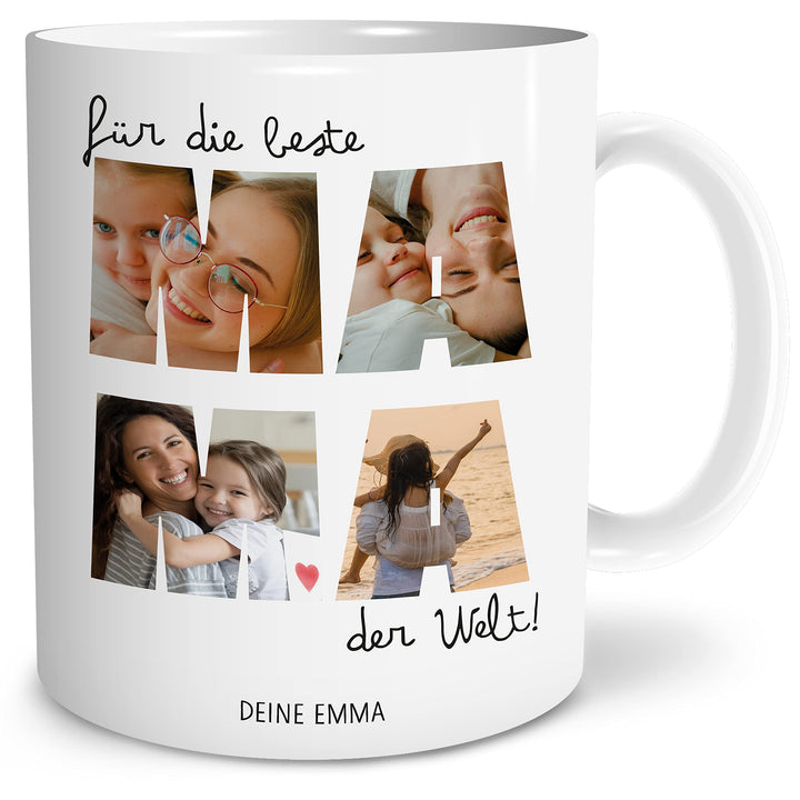 OWLBOOK® Tasse Beste Mama mit 4 Fotos & Spruch selbst gestalten | Fototasse mit eigenem Bild & Text