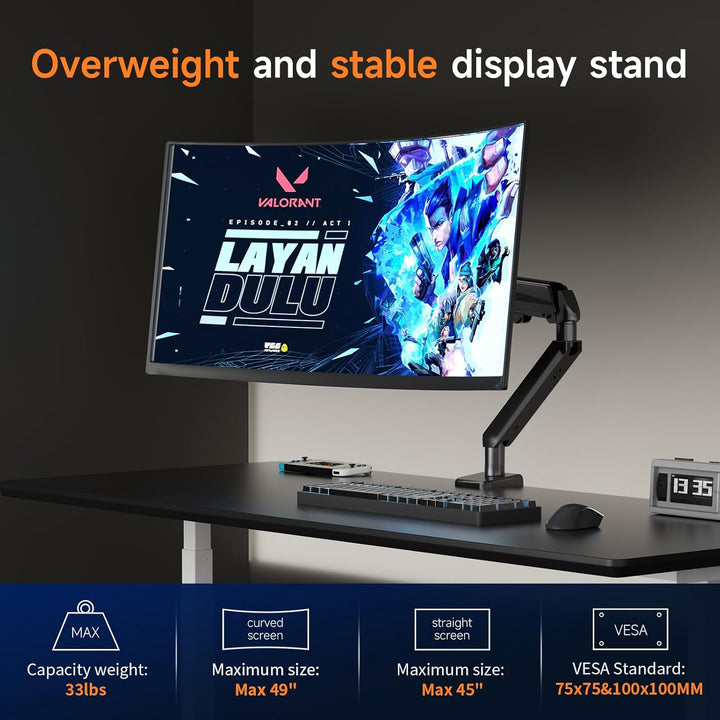 Pholiten Höhenverstellbarer Monitorarm für 49″ Flach- / 45″ Curved-Bildschirme, VESA 75x75/100x100,