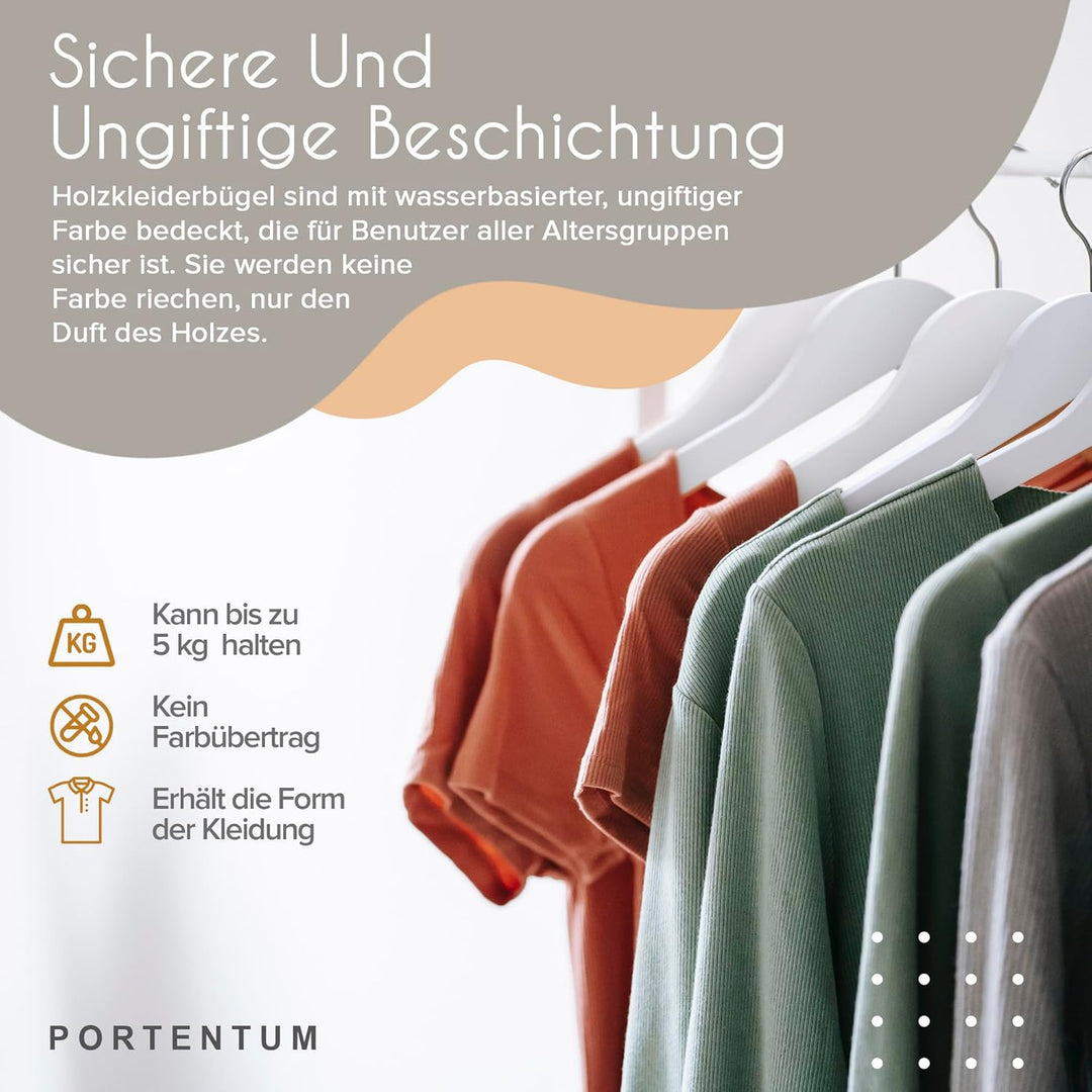 PORTENTUM Kleiderbügel aus Holz, 20 Stück, Weiss. Für alle Kleidung, 360º Drehbarer Haken, Hosenbüge