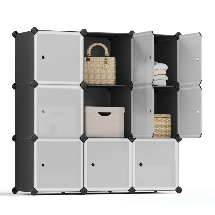 SONGMICS Regalsystem, Schuhregal, Set aus 9 Würfeln, Kleiderschrank aus Kunststoff, mit Türen, Steck